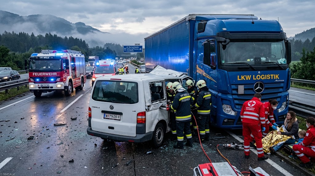 اصطدام حافلة صغيرة بشاحنة على الطريق السريع Westautobahn في النمسا العليا يوقع 7 جرحى بينهم أطفال