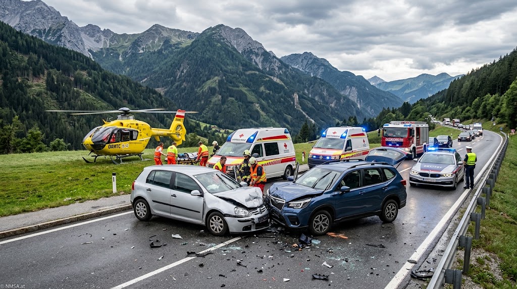 اصطدام مباشر على طريق B320 في شتايرمارك يسفر عن إصابة 7 أشخاص من بينهم 3 أطفال وسيدة بحالة خطرة اصطدام مباشر على طريق B320 في شتايرمارك يسفر عن إصابة 7 أشخاص من بينهم 3 أطفال وسيدة بحالة خطرة