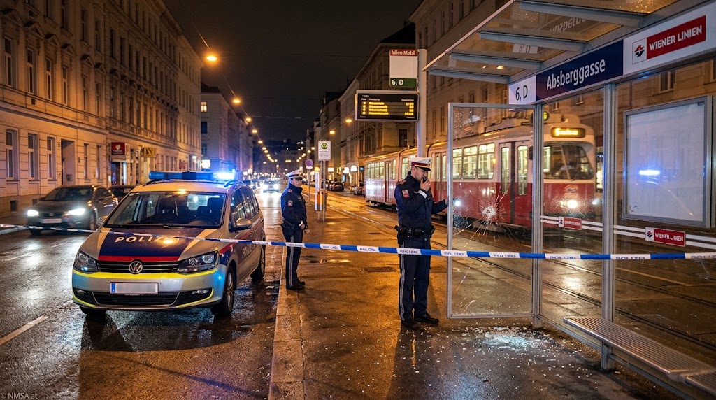 إطلاق نار بين سيارتين في Absberggasse بفيينا يُحطم محطة ترام ويُصيب عابر طريق إطلاق نار بين سيارتين في Absberggasse بفيينا يُحطم محطة ترام ويُصيب عابر طريق